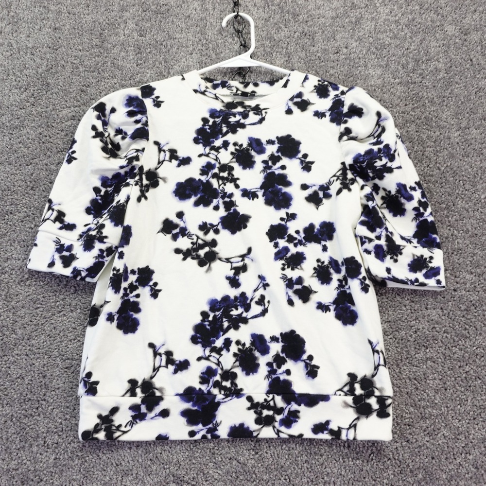 Express Sweatshirt Womens Small White Floral Puff Sleeve Crew Neck Pullover Top